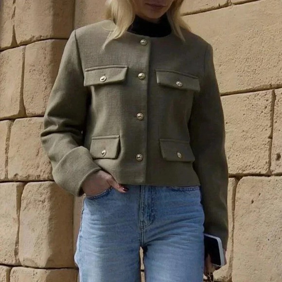 Khaki Casual Women's Tweed Jacket Round Neckline Decorated Long Sleeves Coat - Picture 2 of 8